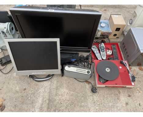 AN ASSORTMENT OF ITEMS TO INCLUDE A TELEVISION AND A PORTABLE RECORD PLAYER ETC 