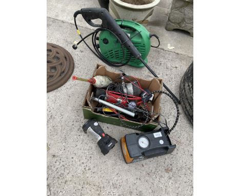 AB ASSORTMENT OF TOOLS TO INCLUDE A PRESSURE WASHER, FOOT PUMP AND CAR COMPRESSOR ETC 