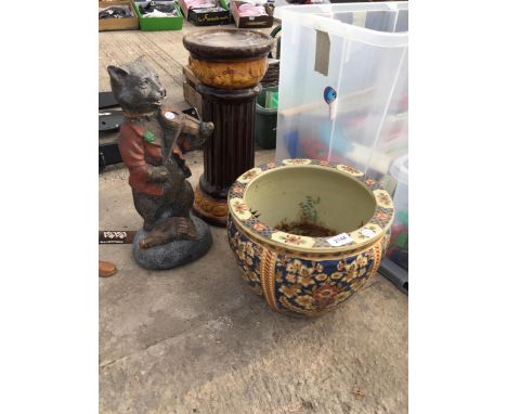 THREE ITEMS TO INCLUDE A CERAMIC JARDINAIRE STAND, A PLANTER AND A CAT FIGURE ETC 