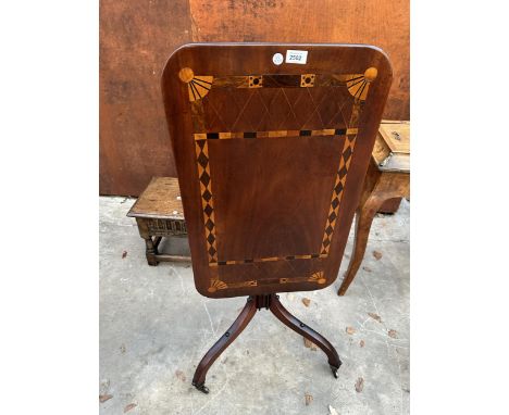A 19TH CENTURY MAHOGANY AND INLAID TILT TOP TRIPOD TABLE WITH APPLIED BOBBIN DECORATION 