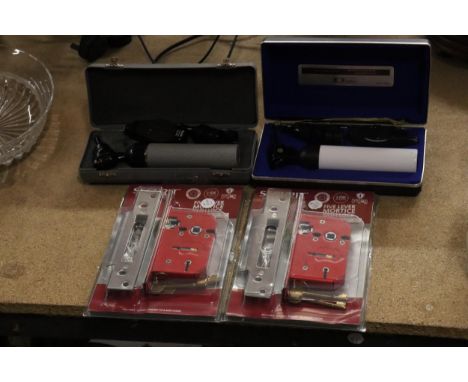 TWO BOXED OPTHALMOSCOPES AND TWO AS NEW FIVE LEVER MORTICE SASH LOCKS IN PACKAGING 