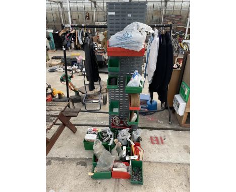 A WORKSHOP LINBIN UNIT WITH LIN BINS AND VARIOUS TOOLS AND HARDWARE ETC 