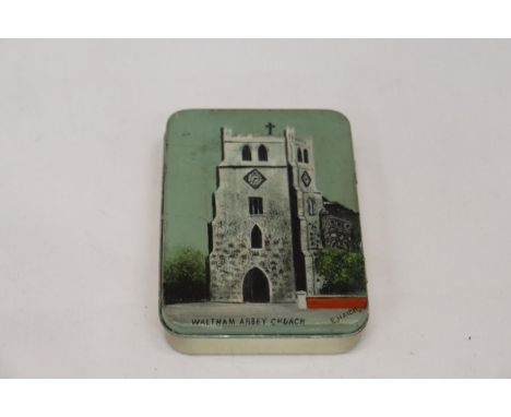 A VINTAGE HANDPAINTED SIGNED TIN FEATURING WALTHAM ABBEY CHURCH 