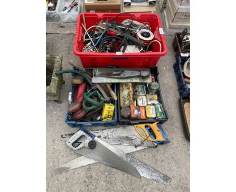 AN ASSORTMENT OF TOOLS AND HARDWARE TO INCLUDE HAND SAWS, CABLE AND WIRE BRUSHES ETC 