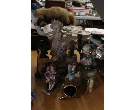 A COLECTION OF CERAMIC ITEMS TO INCLUDE WIND UP BOY AND GIRL, OWLS, CATS, BIRDS ETC 
