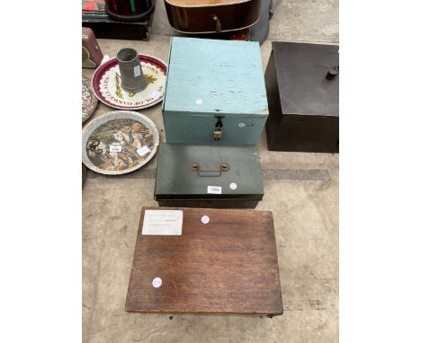A VINTAGE WOODEN STORAGE BOX AND A METAL CASH TIN  AND A WOODEN BOX CONTAINING DESK ITEMS TO INCLUDE INK WELLS ETC 