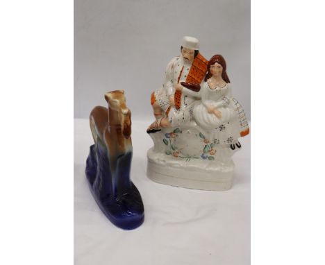 TWO VINTAGE STAFFORDSHIRE FLATBACK FIGURES TO INCLUDE A GREYHOUND 