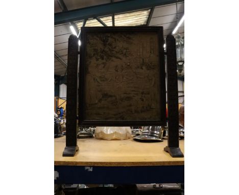 A VICTORIAN FIRE SCREEN, WITH MAHOGANY CARVED FRAME AND TAPESTRY SCREEN, 59CM X 70CM 