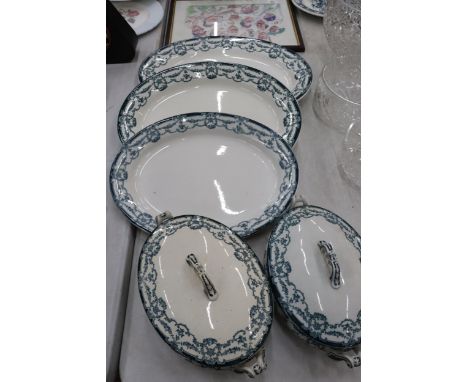 FIVE LARGE PIECES OF VINTAGE STAFFORDSHIRE 'LOUVRE' PATTERN DINNERWARE TO INCLUDE TWO LIDDED SERVING DISHES AND THREE LARGE S