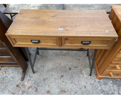 A MODERN PINE CONSOLE TABLE, 36" WIDE WITH TWO DRAWERS ON METAL FRAME 