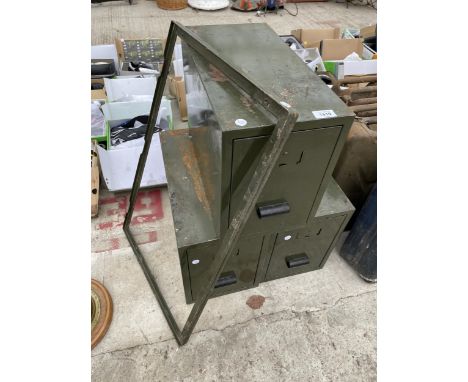 THREE VINTAGE GREEN METAL INDEX CABINETS WITH FRAME 