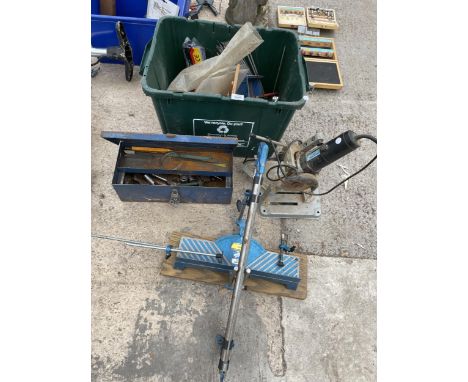 AN ASSORTMENT OF TOOLS TO INCLUDE AN ANGLE GRINDER  ON A STAND, SOCKETS AND WELDING RODS ETC 