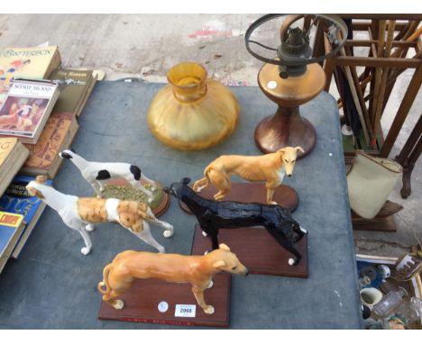 FIVE VARIOUS CERAMIC GREYHOUND FIGURES 