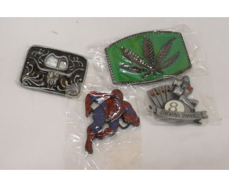 FOUR ENAMEL AND CHROME BELT BUCKLES 