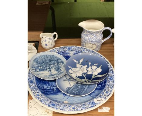 A LARGE VINTAGE BLUE AND WHITE DELFT BOWL, DIAMETER 39CM - A/F, ONE PART OF THE RIM HAS BEEN REPAIRED, PLUS HAS A HAIRLINE CR