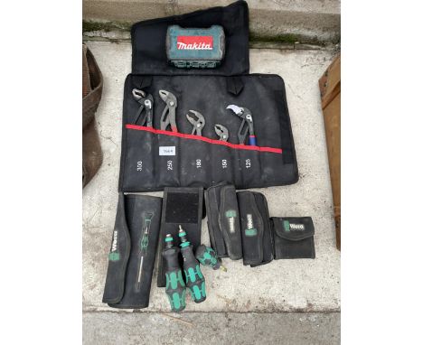 AN ASSORTMENT OF TOOLS TO INCLUDE PLIERS AND SCREW DRIVERS ETC 
