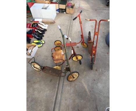 THREE VINTAGE CHILDS SCOOTERS AND A CHILDS TRICYCLE 