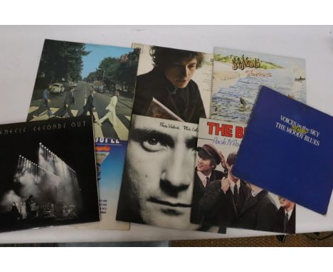 A COLLECTION OF VINYL LP RECORDS TO INCLUDE GENESIS, FOXTROT, THE BEATLES, ABBEY ROAD, BOB DYLAN, MOTT THE HOOPLE, ETC - 8 IN