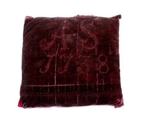 AN EARLY 18TH CENTURY RED VELVET CUSHION, initialled 'AS' and dated 1736,  40cm by 40cm
