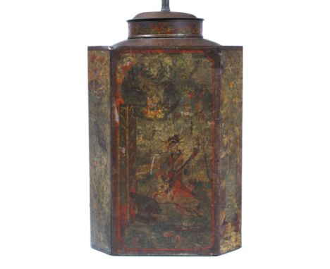 AN OLD TOLEWARE TEA CANISTER and cover of octagonal form, printed in colours with Oriental scenes and converted as a table la