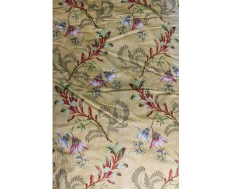 A PAIR OF YELLOW GROUND INTERLINED FRILL TOP CURTAINS with floral sprays in blue, pink, green and cream, each curtain approxi