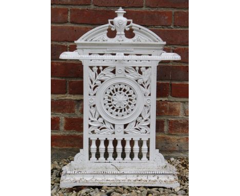 A COALBROOKDALE WHITE PAINTED CAST IRON WALKING STICK STAND with twin supports and original drip tray, 47cm x 79cm