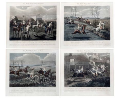A SERIES OF ANTIQUE HAND COLOURED PRINTS AFTER ALKEN, depicting 'The First Steeple-Chase on Record', the plates numbered one 
