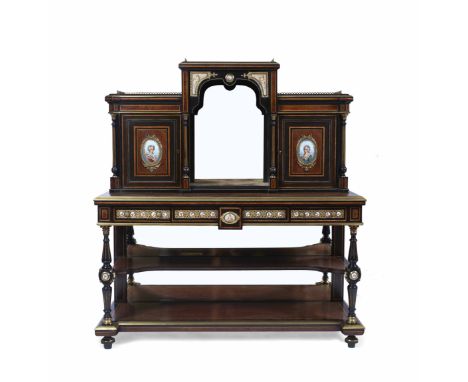 A 19TH CENTURY ENGLISH EBONY AND BURR WALNUT VENEERED BONHEURS DU JOUR, circa 1870, the stepped upper section with pierced br