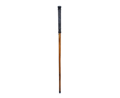 A VICTORIAN WALKING STICK WITH TURNED HORN FINIAL, SHAGREEN GRIP AND MALLACA CANE, the top screwing off to reveal a two drawe