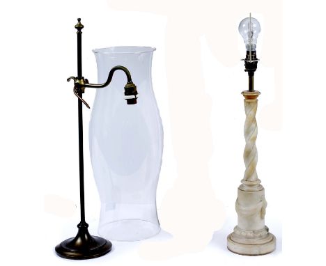 AN ALABASTER TABLE LAMP with spiral fluted column, 40cm high; a table standing brass reading lamp with height adjustment and 