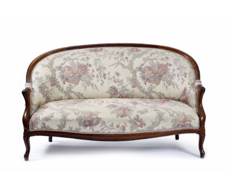 A FRENCH STYLE WALNUT SMALL SOFA with arching back, twisted wire metal mounts and cabriole front legs, 149cm wide x 88cm high