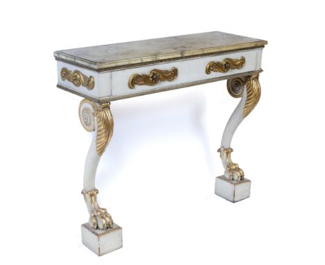 A GREY AND PARCEL GILT PAINTED CONSOLE TABLE with faux marble top, frieze drawer and standing on scroll and shell carved cabr