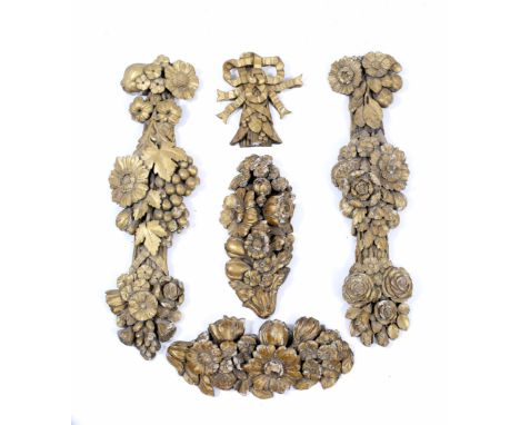 A PAIR OF ANTIQUE CARVED GILT PINE ARCHITECTURAL ROOM ORNAMENTS in the form of flower and fruiting swags around ribbon tied r