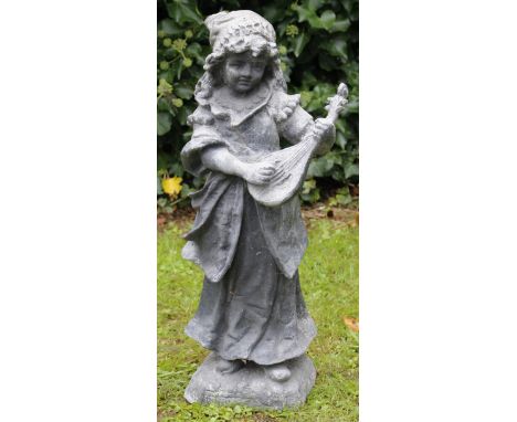 AN ANTIQUE LEAD SCULPTURE OF A GIRL PLAYING A MANDOLIN, 57cm high