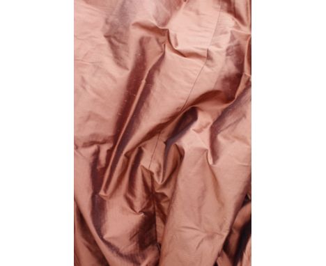 THREE PAIRS OF RED SILK LINED CURTAINS, 182cm at widest point x  210cm drop for each curtain