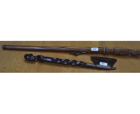 Tribal Art - an African status staff, probably Zulu, the pommel carved as a figure, 82cm long; a hardwood axe, figural termin