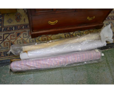 Textiles - a bolt of white voile; another, white ruched fabric; a bolt of muslin, gold thread stripe; etc. (5)