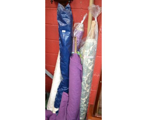 Textiles - a bolt of Crowsons pale cream damask type fabric; another, similar; a bolt of aubergine wool; a bolt of chenille; 