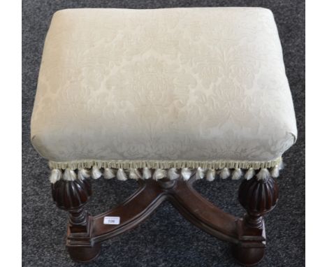A Victorian stool, padded top, turned and reeded legs, X-frame stretchers, turned under-finial.