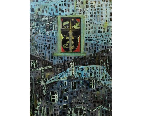 ANDRE VERLON (1917-1993); an oil and collage, 'Solitude', signed, inscribed and bearing artist's address label verso, 94 x 58