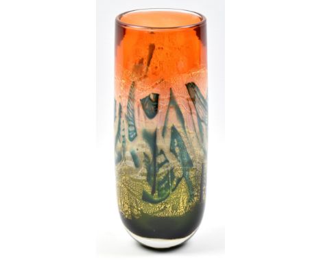 JONATHAN HARRIS; a 'Trial' studio glass vase in orange and turquoise with opaque, white, green and gold leaf detail, signed a