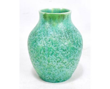 ROYAL LANCASTRIAN; a matte finished lamp base of bulbous form with inverted neck, with mottled green glaze to body, impress m