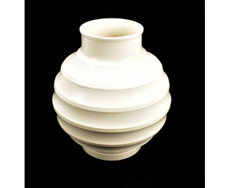 KEITH MURRAY FOR WEDGWOOD; a moonstone 'Football' vase, impressed signature and factory marks to base, height 24cm (chip to b