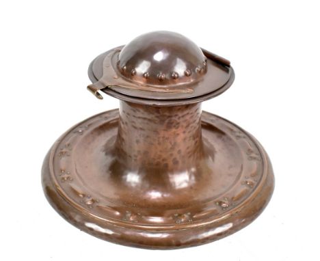 JESSON BIRKETT &amp; CO; an Arts and Crafts copper inkwell with relief and planished decoration, impressed marks to base, dia