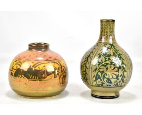 WILLIAM S MYCOCK FOR ROYAL LANCASTRIAN; a squat lustre vase decorated with two hunting dogs chasing a wild boar, signed and d