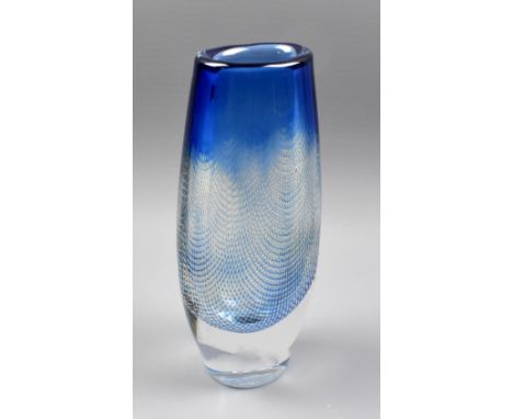 SVEN PALMQUIST FOR ORREFORS; a 'Kraka' vase, the cased body with blue tint above mesh and air bubble detail, signed no. 411 t