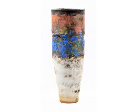 ROBIN WELCH (1936-2019); a tall stoneware vessel decorated with bands of colour, impressed RW mark, height 58cm. (D)Additiona
