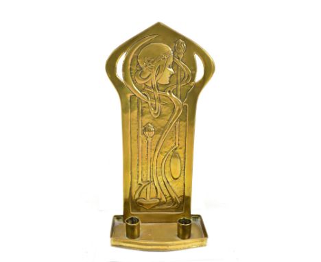 J CO; an Art Nouveau brass hanging double candle holder, the back plate decorated in relief with an Art Nouveau maiden's head