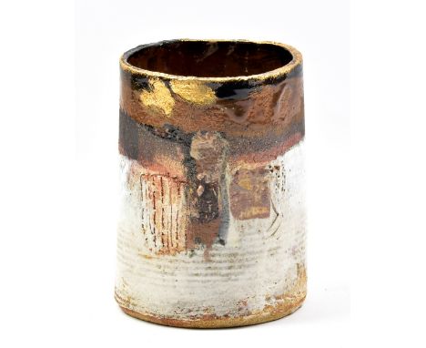 ROBIN WELCH (1936-2019); a cylindrical stoneware vessel, bands of colour with gold crackle glaze highlights to rim and incise