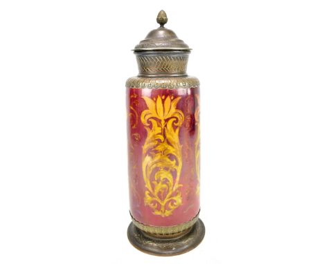 BERNARD MOORE; a large cylindrical lidded vase with silver plated mounts outside flambé body with floral panels, signed and i